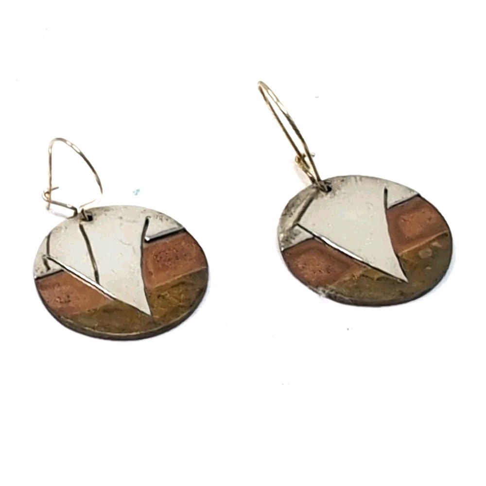 Vtg Mixed Metal Disc Earrings Copper Silver Brass Geometric Triangle V Design 1"